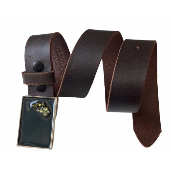 Hand Tooled Brown Leather Belt Enamel Buckle Women Size Small Art To Wear Boho